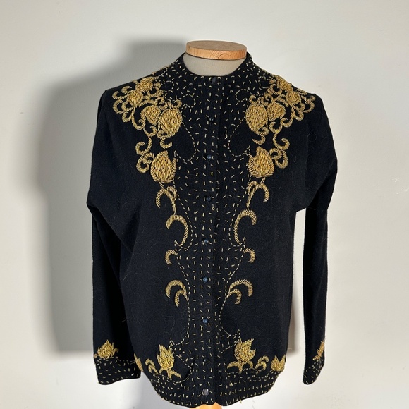 Sweaters - Vintage Black Cashmere Gold Beaded Cardigan (UL42) Regal Monarchy Design READ